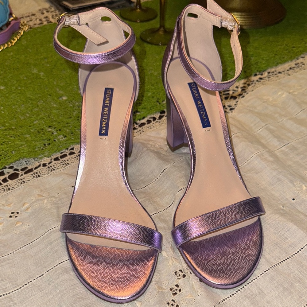 Stuart Weitzman Purple heels lilac Sandals 9 NUDISTCURVE 75 BLOCK SANDAL shoes